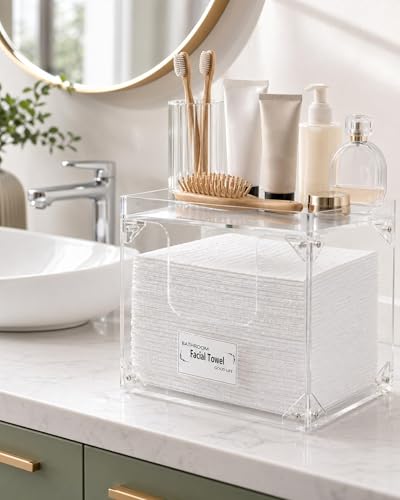 Disposable Face Towel Holder Box - Clear Acrylic with Lid, Vanity Organizer