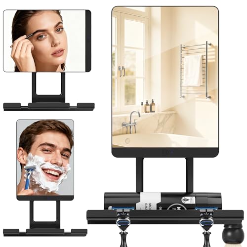 Heated Fogless Shower Mirror for Shaving, 5000mAh Long-Lasting Anti-Fog Shower Mirror with 360¡Æ Rotating Design & Razor Holder, Fog-Free Shaving Mirror for Men (Black)