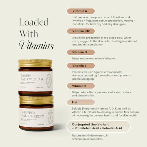 KUSHI Grass-Fed Whipped Tallow Cream Moisturizer for Face & Body ? Organic Lavender ? Vitamins A, D, E, K ? Paraben & Sulfate Free, All-Natural Skin Care ? 1.3oz