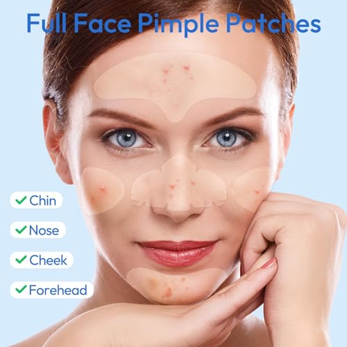 Full Face Pimple Patches(5 Pack),Big Hydrocolloid Acne Patches,Skin Care Zit Patches for Whole Face,Nose, Chin, Forehead & Cheeks w/Tea Tree Oil, Salicylic Acid & Cica Oil£¨5 Pack,25 Patches£©
