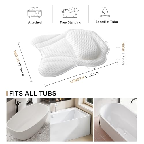 Bath Pillow Luxury Bathtub Pillow, 4D Bath Tub Pillows for Head, Neck and Back Support, Tub Pillow for Bathtub with 6 Non-Slip Suction Cups, Relaxing Bath Accessories Spa Gifts