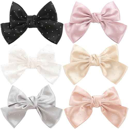 6PCS Large Bow Hair Clips Fashion Hair Bows with Rhinestone Handmade Hair Ribbons Clips French Barrette Bowknot Solid colors Hair Accessories for Women Girls