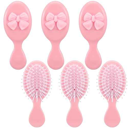 Meanplan 6 Pcs Mini Hair Brush Bulk with Bow Travel Detangling Brush Pink Coquette Small Hairbrush for Dry and Wet Hair Women Gift for Christmas Stocking Stuffers Party Favors(Pink)