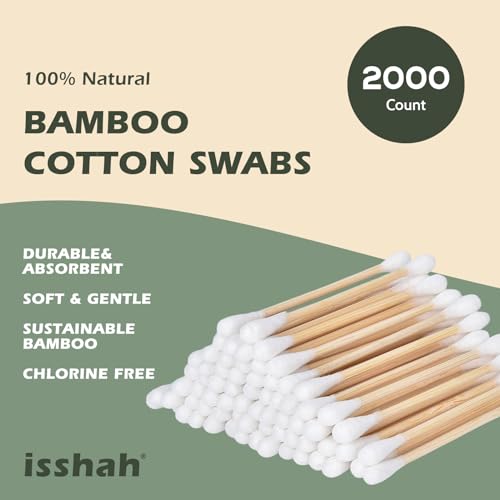 Isshah Organic Bamboo Cotton Swabs - Double Tip Biodegradable (2000 Count)