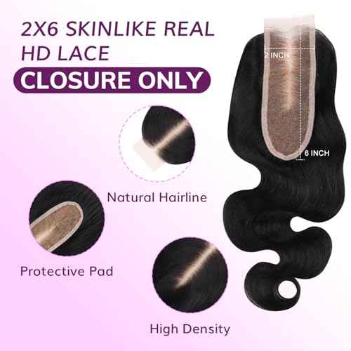 IDN BEAUTY SKINLIKE REAL HD 2X6 Lace Closure Human Hair 20 Inch Body Wave Closure Bleached Single Knots HD Closure Ultra-thin 2x6 Lace Closure Virgin Human Hair 0.1 mm Pre Plucked Hairline Closure