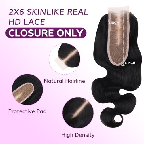 IDN BEAUTY SKINLIKE REAL HD 2X6 Lace Closure Human Hair 18 Inch Body Wave Closure Bleached Single Knots HD Closure Ultra-thin 2x6 Lace Closure Virgin Human Hair 0.1 mm Pre Plucked Hairline Closure