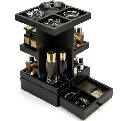 4-Tier Rotating Cologne Organizer with Drawer for Men, Large Capacity Perfume Organizer, Mens Gifts & Desktop Accessories Stand - Spacious for Bottles & Men's Essentials Storage, Modern Black