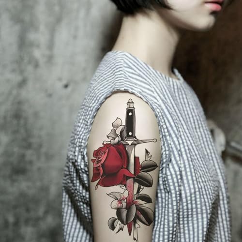 8 Sheets Waterproof Arm Body Art Temporary Tattoo Stickers Red Rose Flower Black Skull Dragon Sword Totem