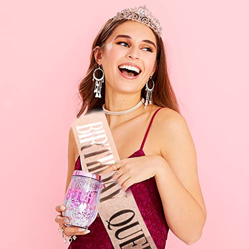 Rose Gold Birthday Crown & Queen Sash Set - Rhinestone Tiara for Women