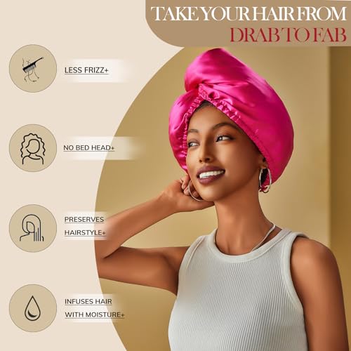 PROMEED Hydrating Silk Bonnets with Hyaluronic Acid, 100% 23 Momme Mulberry Silk Turban for Long Hair Care, Moisture Silk Sleep Cap for Healthy and Smooth Hair (Fuchsia)