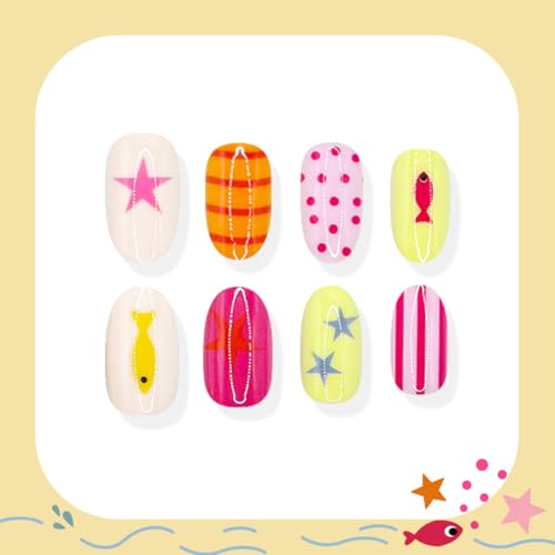 Short Oval Press On Nails Set with Polka Dot & Striped Designs - 24 Pcs