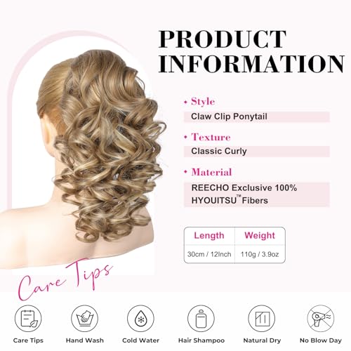 REECHO 12" Curly Ponytail Extension Claw Clip Dark Blonde