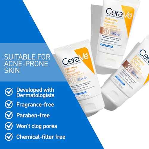 CeraVe Hydrating Mineral Sunscreen SPF 30 with Sheer Tint, Tinted Mineral Sunscreen with Zinc Oxide & Titanium Dioxide, Blends Seamlessly For Healthy Glow, Light, 1.7 Oz