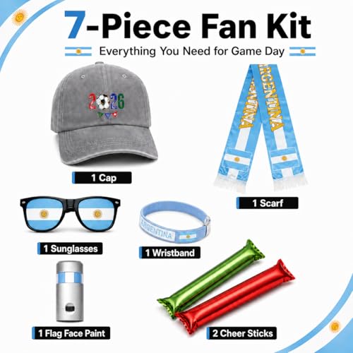 Argentina Soccer Fan Gear Set - 7-Piece World Cup 2026 Accessories Kit