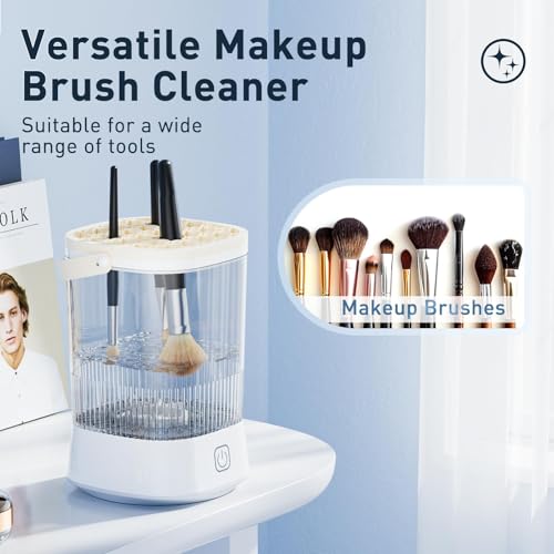 Electric Makeup Brush Cleaner - 12000 RPM Makeup Brush Cleaning Machine, IP65 Waterproof Automatic Makeup Brush Cleaner with Cleaning Solution, for Makeup Sponges and Brushes(White)