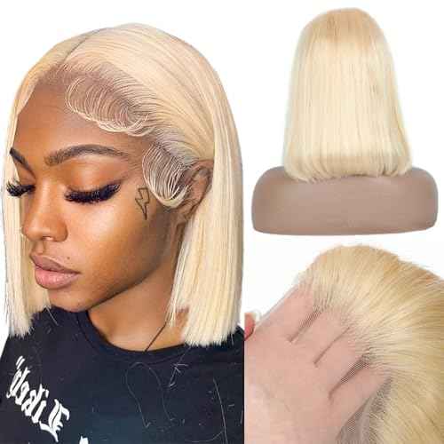 Bob Wig Human Hair 13x4 HD Lace Frontal Short Straight Lace Front Bob Wigs for Black Women Human Hair Pre Plucked Glueless Side Part 200% Density 613 Blonde Color 10 Inch