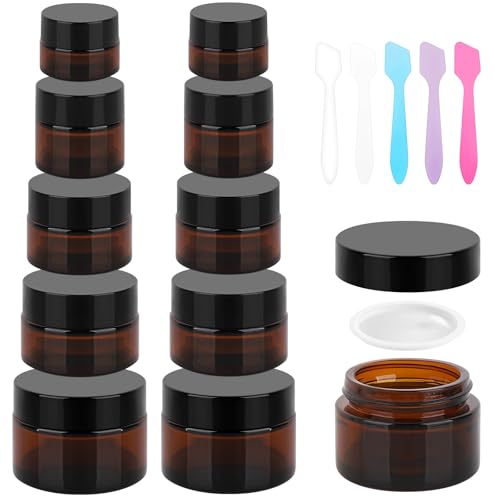 Accmor 10 Pcs Amber Glass Jars with Lids & Spatulas - Leak-Proof Travel Containers for Creams & Lotions