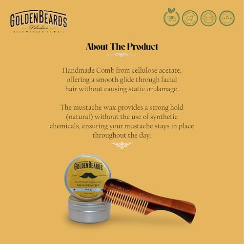 Golden Beards Mustache Wax with GB-71 Comb ? Organic & Natural Styling Wax for Men ? Strong Hold, Handmade, Vegan, Cruelty-Free Grooming Kit