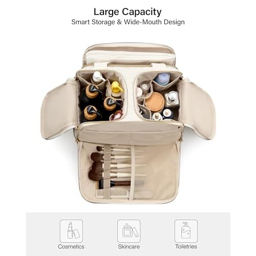 Hanke Travel Toiletry Bag, Lightweight Wide-open Large Toiletry Bags for Women, Dual-Layer Makeup Bag Water-Resistant Cosmetic Travel Bag with Handle for Accessories, Essentials, Off White