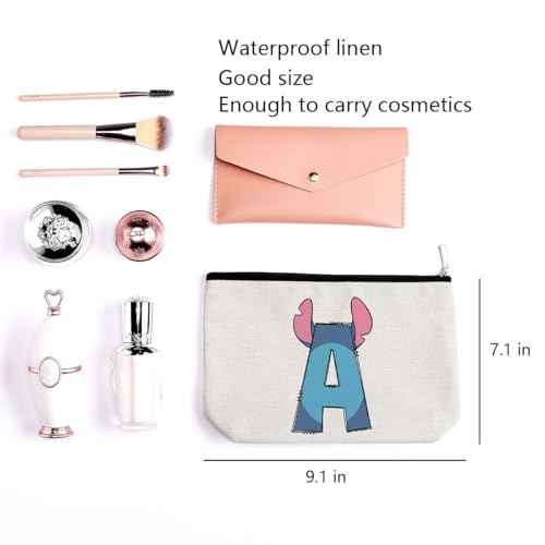 LONGXIN Cute Cartoon Gifts Initial Personalized Makeup Bag Monogrammed Cosmetic Bags Small Makeup Pouch Birthday Christmas Gifts for Women Girls (A)