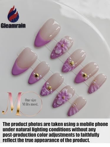 Purple French Tip Almond Press On Nails Medium Handmade