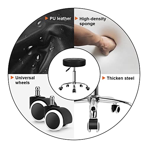 Round Rolling Stool with PU Leather - Adjustable Height