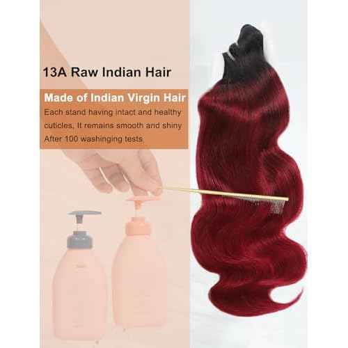 Ombre Bundles Human Hair, 13A Raw Indian Hair Bundles Body Wave, 16 Inch Colored 1B99J Burgundy Red Human Hair Bundles, Triple Service Life Keep Texture Silky Soft Tangle-Free