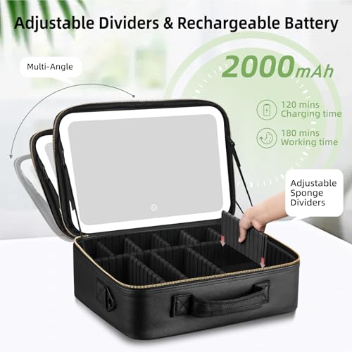 Upgraded Large Travel Makeup Bag with LED Mirror, 15¡± Professional Makeup Case with 3 Color Modes Dimming Lighted Mirror, Light up Cosmetic Make up Organizer with PU Leather Cover, Adjustable Dividers