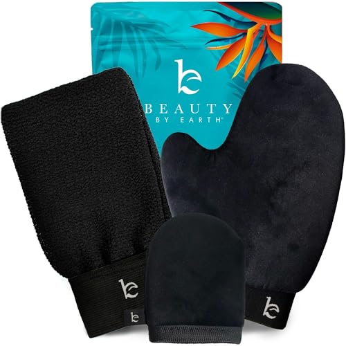 Self Tanning Mitt Applicator Set ? 3-in-1 Velvet Mitts, Exfoliating Glove & Face Body Tanner Mitts for Streak-Free Tan, Reusable Self Tanner Mitt Kit for Lotion, Mousse & Spray