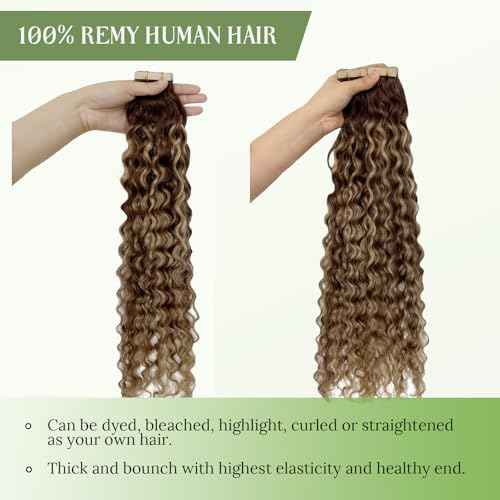 Tape in Hair Extensions Human Hair, Water Wave Tape ins Brown Fading to Honey Blonde Ombre Highlighted 3c 4a Seamless Hair Extensions Tape in Skin Weft Remy Hair 50G 20Pcs 24in