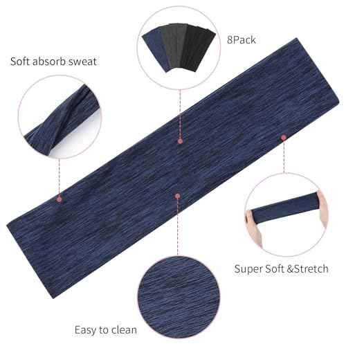 8 Pack Sport Headbands for Women, Elastic Soft Fabric Non-Slip Hair Bands Hair Warp for Daily Workout Yoga Running Sports