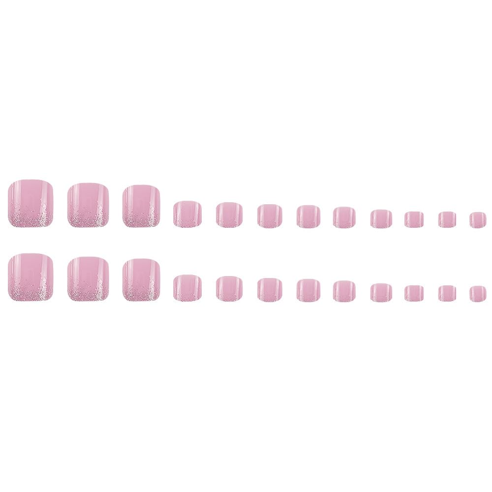 Press on Toenails Short False Toenails with Bling Pink Design Artificial Acrylic Square Fake Toe Nails Full Cover Fake Toe Nails for Women 24Pcs