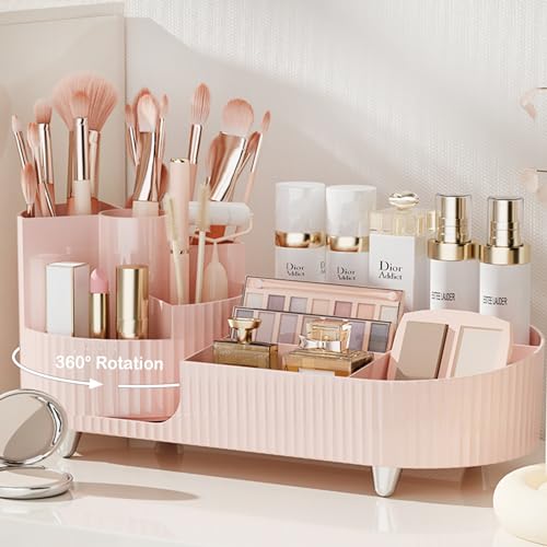 Pink 360 Rotating Makeup Organizer with Brush Holder