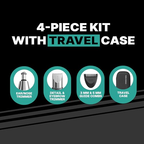 Conair Men Ear, Nose and Eyebrow Trimmer, Patented 360¡Æ Bevel Blade for No Pulls, Nicks or Cuts Guaranteed, Nose Hair Trimmer for Men, Non-Slip Grip, 5-Piece Kit with Travel Case