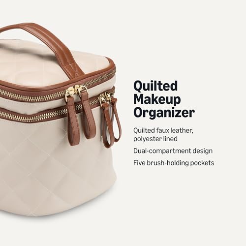Quilted Makeup Bag with Brush Storage - Ivory Faux Leather