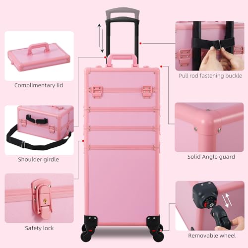 Somduy Rolling Makeup Train Case with Detachable Compartments, Pink