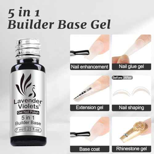 Lavender Violets 6pcs Gel Base and Top Coat Set Nail Dehydrator and Primer, 5-in-1 Builder & Pink Rubber Base Coat, Matte & No-Wipe Top Coat Long-Lasting Manicure Essential Kit for Home DIY C200