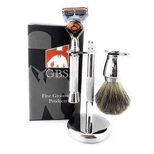 G.B.S Chrome Shaving Set for Men 5 Blade Chrome Razor- Flex ball Handle Razor with Flex ball Pivot Ball technology, Shaving Brush, Chrome Razor Stand Grooming Set 3 PCS
