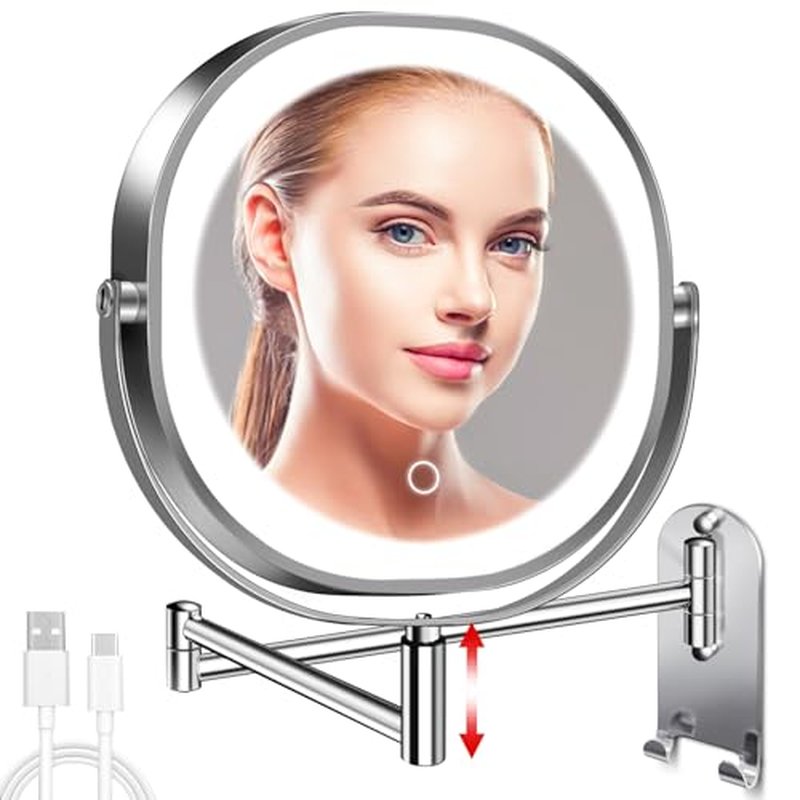 9" Wall Mounted Lighted Makeup Mirror, 3000mAh Rechargeable Double Sided 1X/10X Magnifying Mirror with Hook, 3 Color Lights Dimmable 360¡Æ Rotation Vanity Mirror for Bathroom