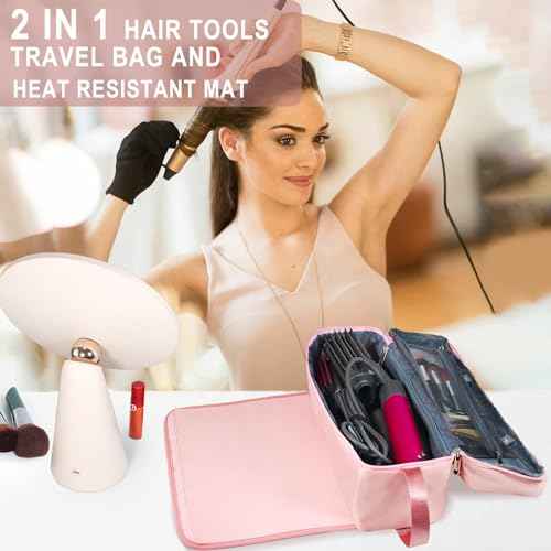 Hair Tools Travel Bag with Heat Resistant Pad, Double-Layer Travel Carrying Case for Straightener, Curling Iron, Hair Dryer, Portable Organizer