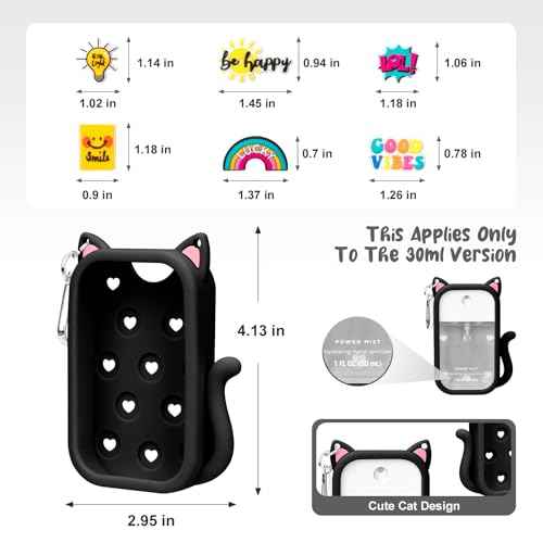 Cat Silicone Case for Touchland Hand Sanitizer Spray with Keychain, Compatible with Power Mist & Glow Mist 1 FL Oz/30ML for Touchland Case, with Charms Accessory Cute Travel Cover Sleeve Black
