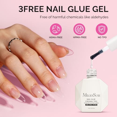 MelodySusie 3Free Nail Glue Gel – 5-in-1 False Nail Adhesive, 2x15ml