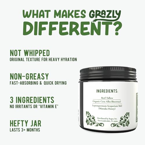 Original Beef Tallow & Manuka Honey Balm | 100% Grass?Fed & Finished Beef Tallow, Raw Manuka Honey, Beeswax | Deeply Moisturizing & Repairing Skincare Balm | 3 oz Jar