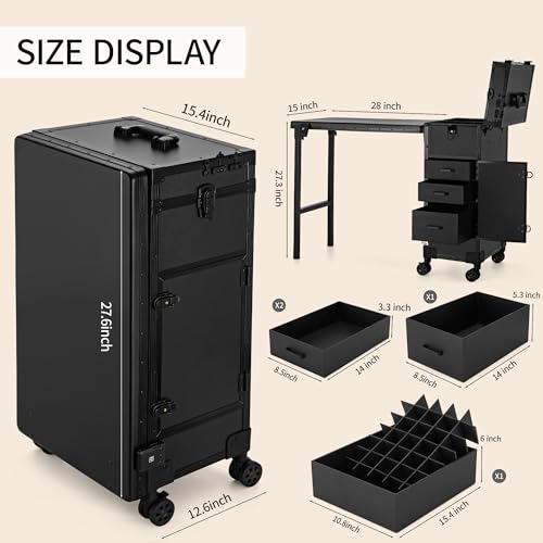 Portable Manicure Table with Drawers, Rolling Lockable Makeup Case