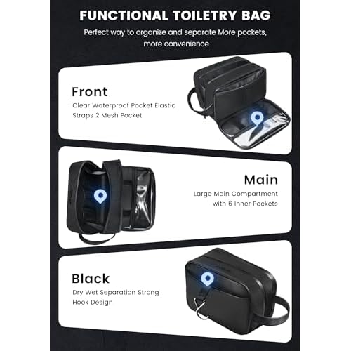 Toiletry Bag for Men, Travel Toiletry Organizer Hanging Dopp Kit, Water-Resistant Shaving Bag for Traveling Toiletries Accessories, Waterproof Mens Toiletry Travel Bag with 11 Compartments, Metal Hook