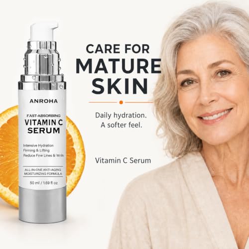 Anroha 50 mL Vitamin C Serum for Mature Skin, Fragrance-Free with Niacinamide & Hyaluronic Acid, Airless Pump