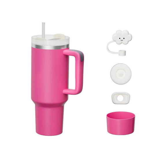 KISSKIND 40 oz tumbler with handlel and Straw Hot Pink Cup Lid Leak-proof Silicone Boot Straw Cover Cap Hot Pink Tumbler Stainless Steel Water Bottle Insulated Cup for Hot Cold Beverages