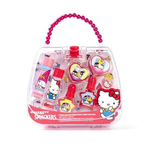 Lip Smacker Hello Kitty Nail Polish & Flavored Lip Balm Makeup Tote - Moisturizing Balms, Colorful Nail Polishes, Sanrio Accessory Ring, Stylish Tote Bag, Perfect Glam Gift for Hello Kitty Lovers