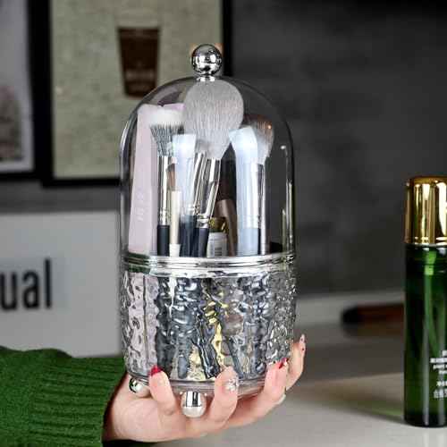 Makeup Brush Holder with Lid Cosmetic Tools Organizer 360 Rotating Make up Brushes Storage for Vanity, Waterproof & Dustproof (Clear)