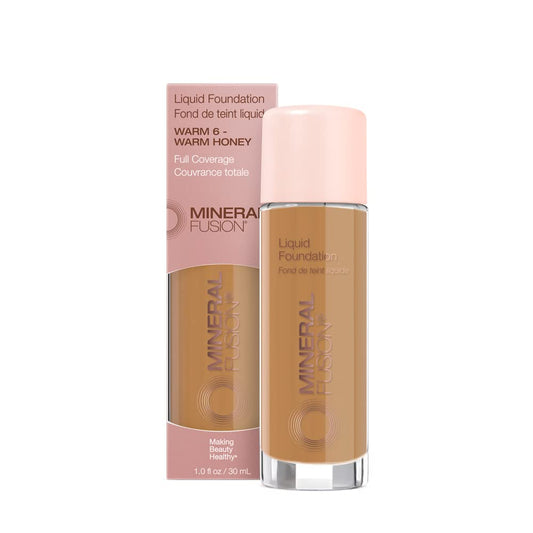 Mineral Fusion Full Coverage Foundation, Liquid Foundation - Warm 6- Dark to Tan Complexion w/Golden Undertones, Lightweight Matte Finish, Up to 12 Hr Hydration, Hypoallergenic & Vegan, 1 fl. oz